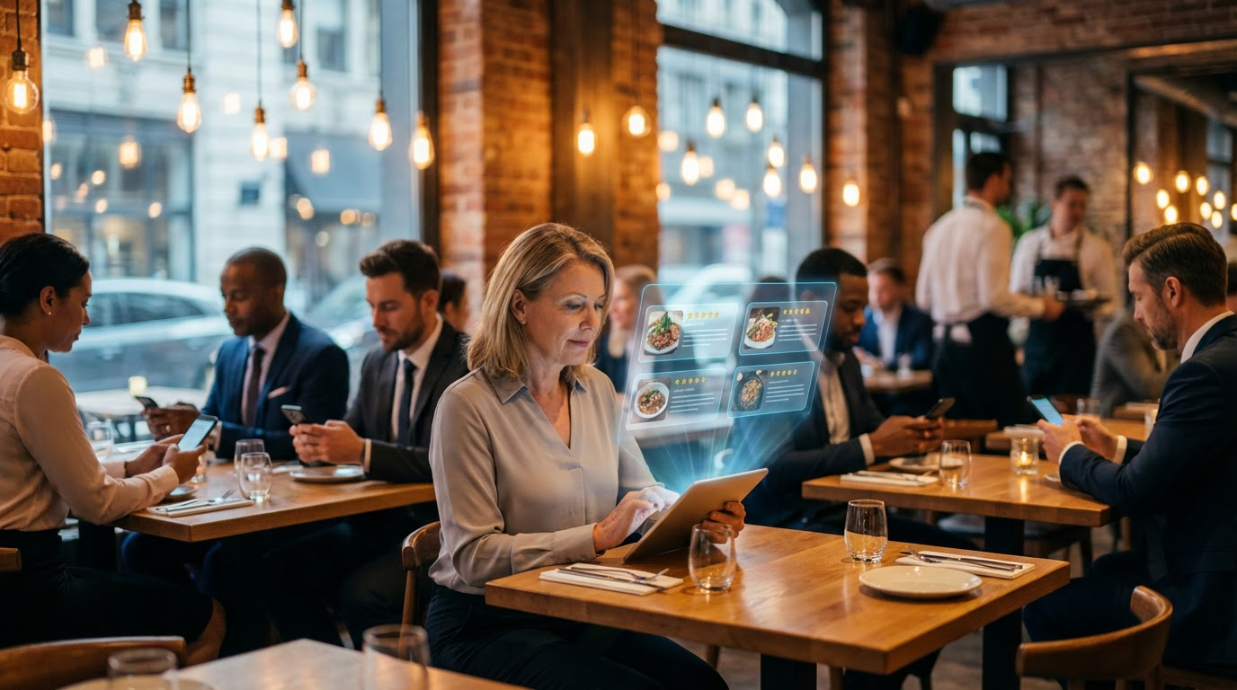 Gäste in Restaurant nutzen Smartphones mit KI-Empfehlungen — Warum KI-Sichtbarkeit für Unternehmen immer wichtiger wird.