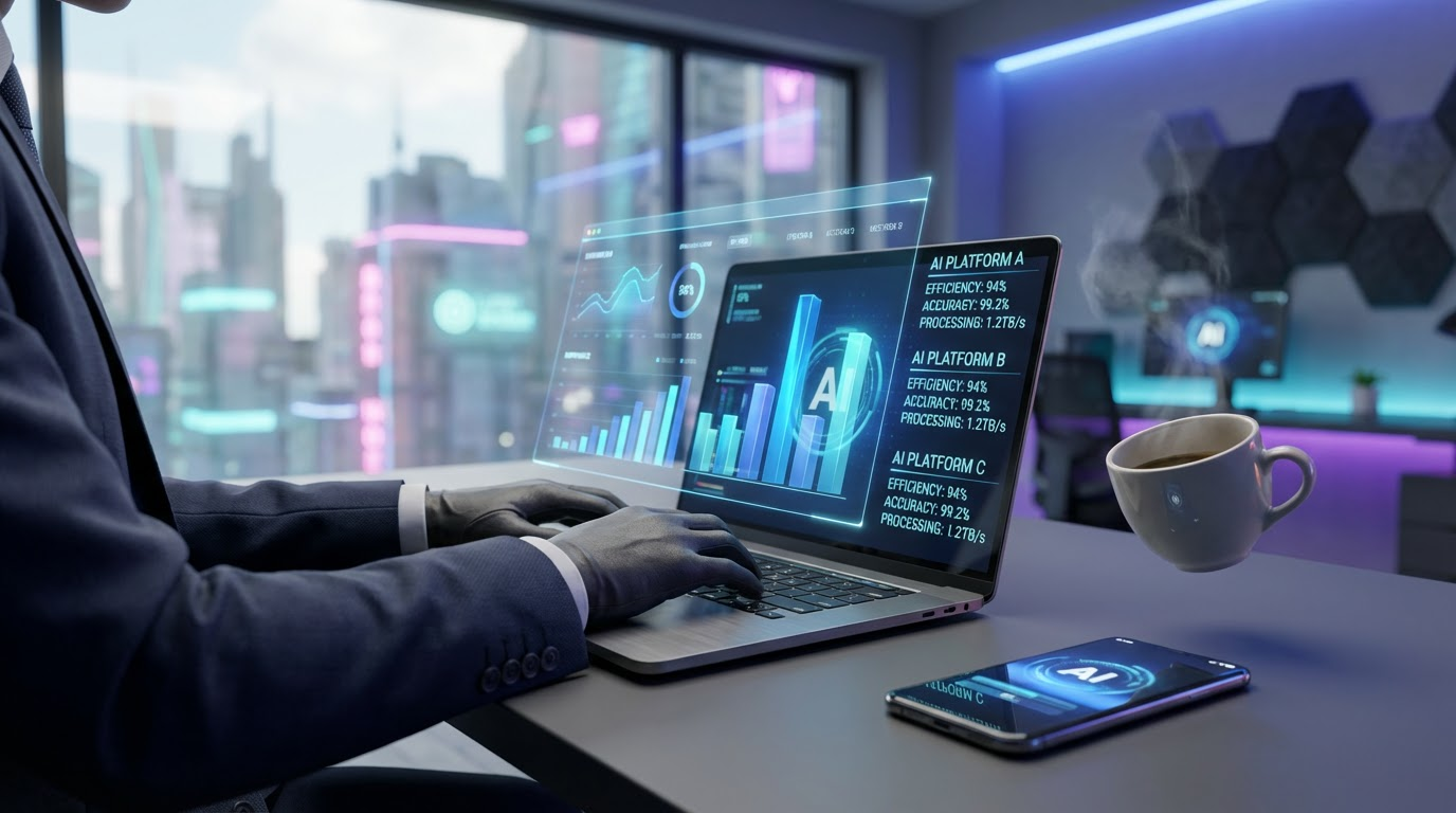 Close-up Händen am Laptop mit AI-Dashboards: Warum KI-Sichtbarkeit für Unternehmen immer wichtiger wird