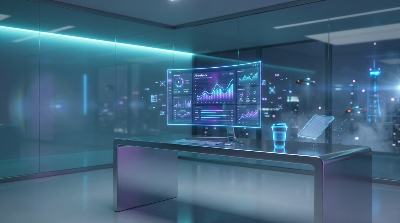 Computerbildschirm mit AI-Dashboard und Charts, modernes Büro mit Notebook und Kaffee — Was ist LLMO?