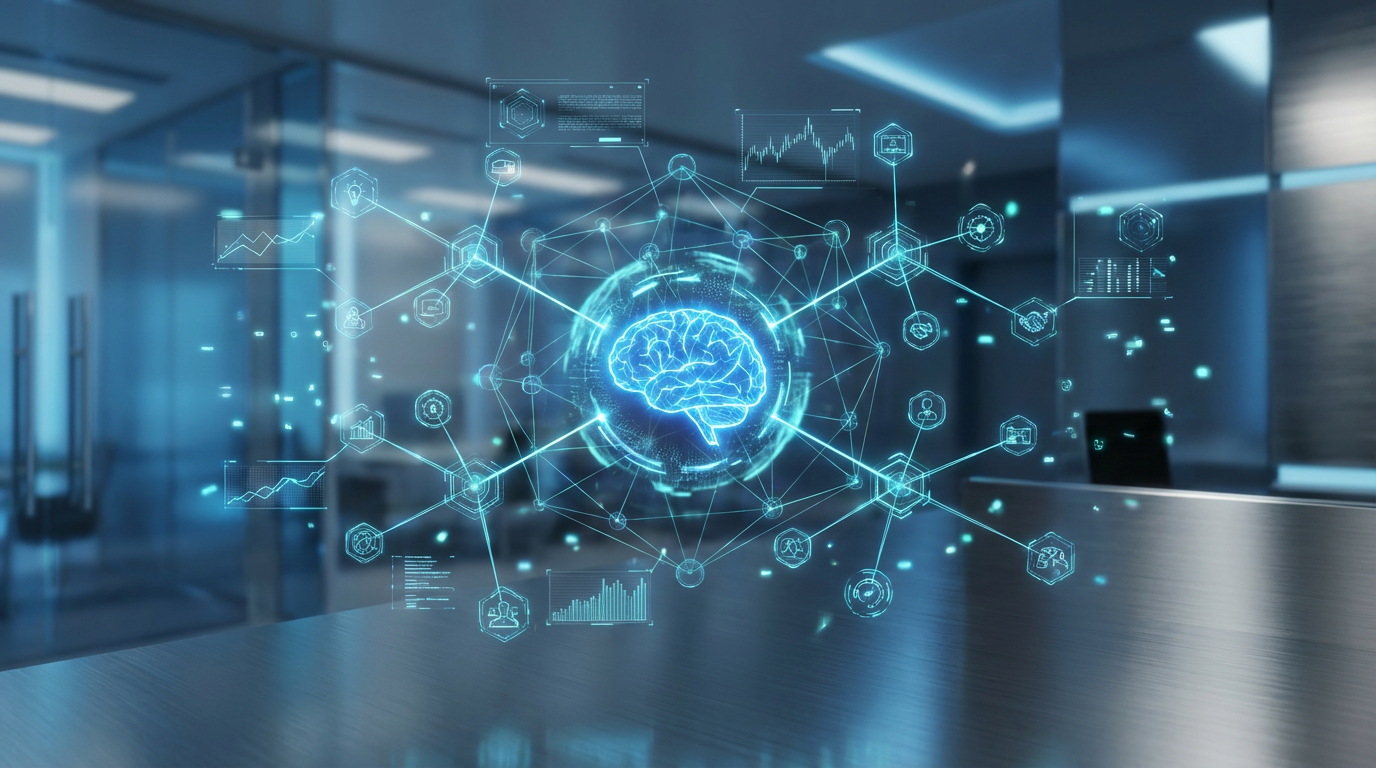 Infografik Customer-Journey-Diagramm mit KI-Assistent im Zentrum – Was ist LLMO? Visualisiert Business-Touchpoints.