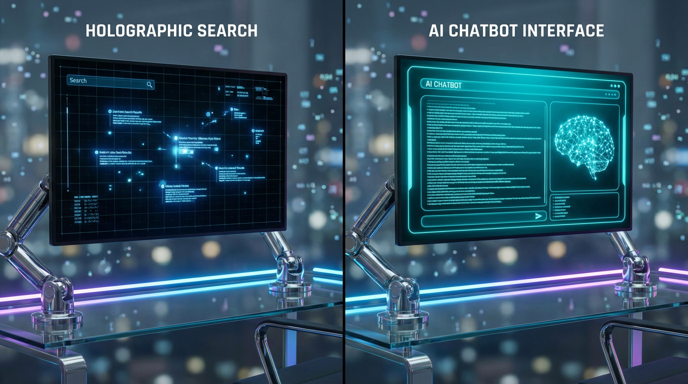 Split-Screen Foto: Links klassische Suchergebnisse, rechts AI-Chat-Antworten – Was ist LLMO? Büro, DSLR, natürliches Licht.