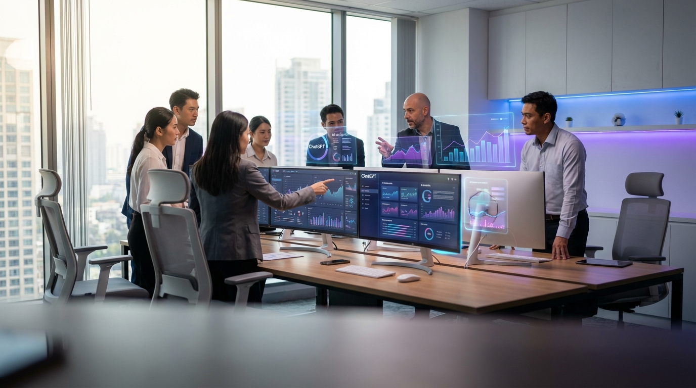 Marketingteam im Büro arbeitet an AI-Strategie mit Dashboards und ChatGPT-Interface, Wie funktioniert ChatGPT kurz erklärt