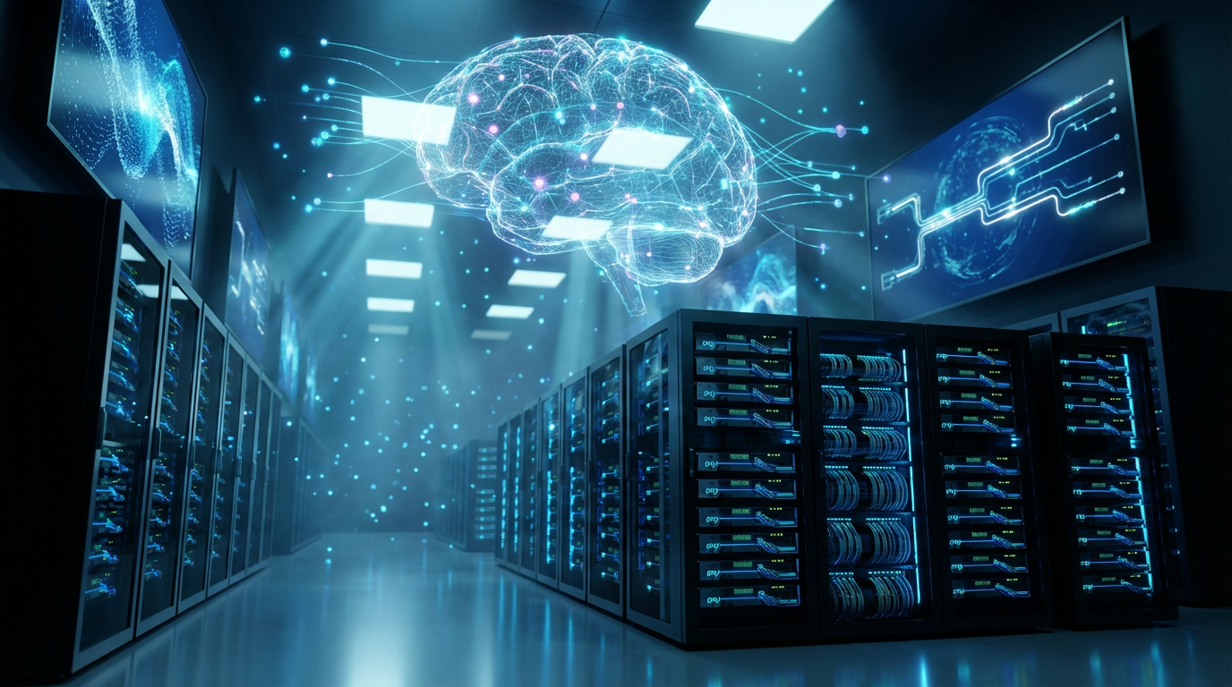 Professionelles Rechenzentrum mit GPU-Serverreihen und Monitoring-Bildschirmen zeigt, Wie trainieren LLMs in großem Maßstab